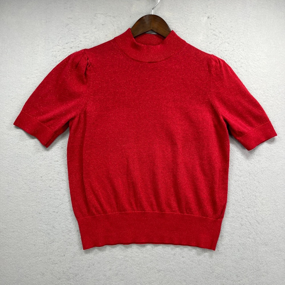 Michael Kors Sweater Womens Medium Red Metallic Mock Neck Short Sleeve Knit Top